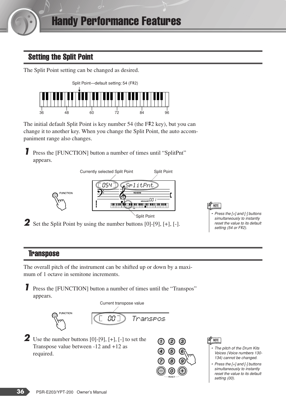 Handy performance features, Setting the split point, Transpose | Setting the split point transpose, Transpos 00 | Yamaha YPT-200  EN User Manual | Page 36 / 68