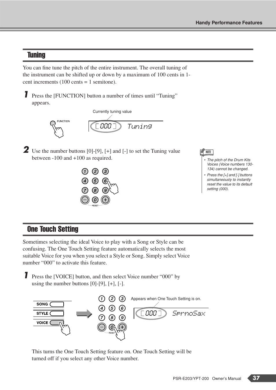 Tuning, One touch setting, Tuning one touch setting | Yamaha YPT-200  EN User Manual | Page 37 / 68