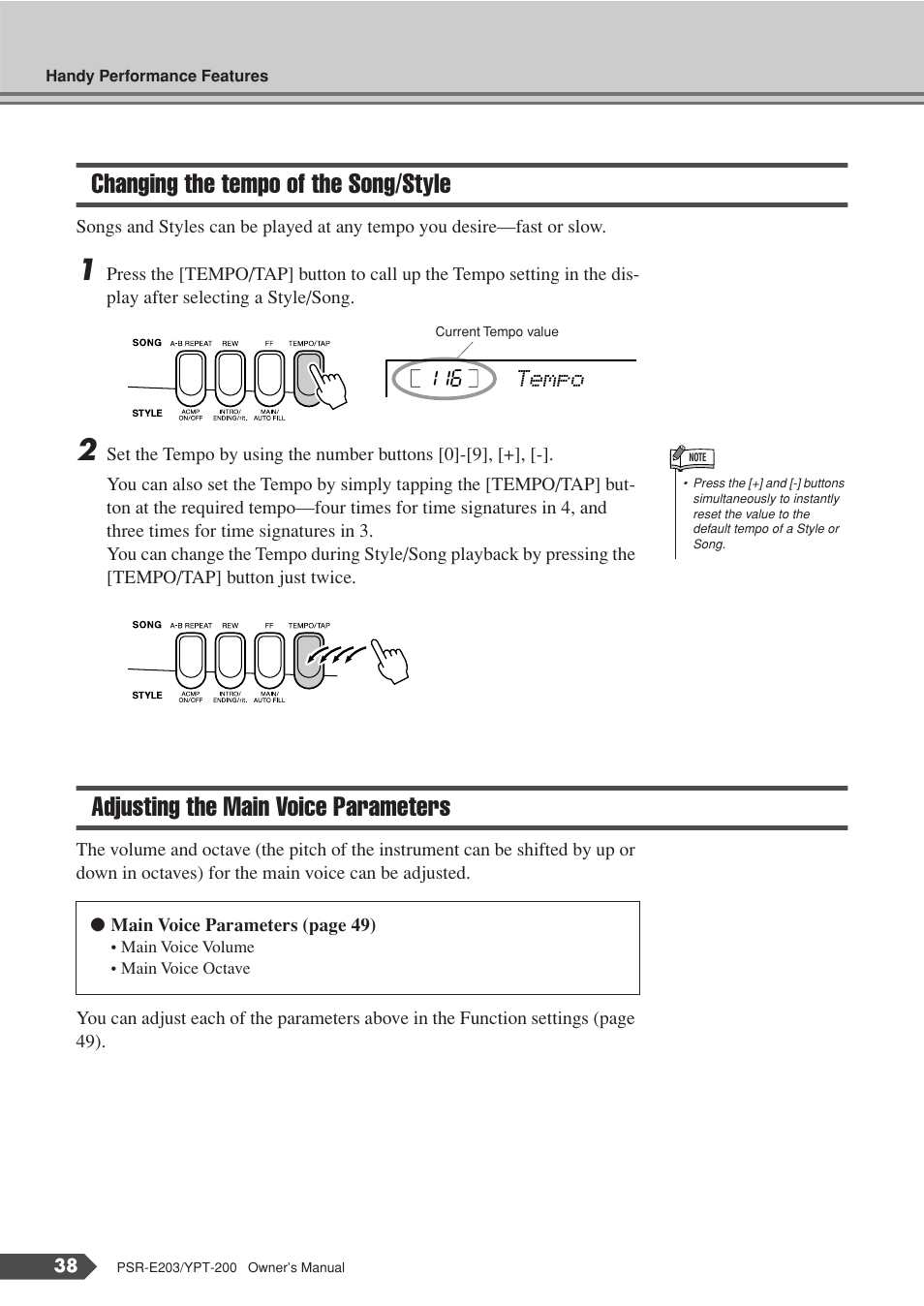 Changing the tempo of the song/style, Adjusting the main voice parameters | Yamaha YPT-200  EN User Manual | Page 38 / 68