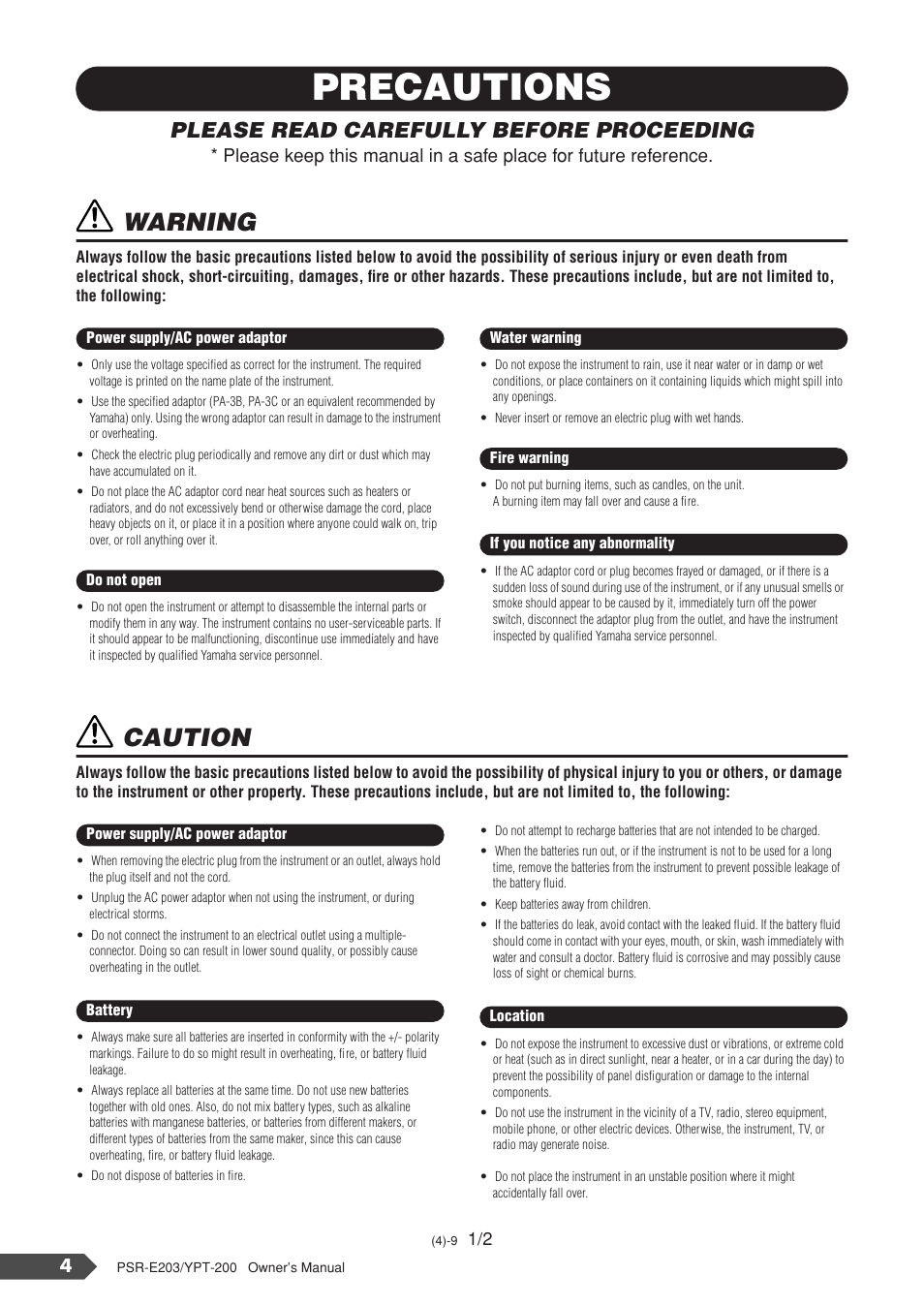 Precautions, Warning, Caution | Please read carefully before proceeding | Yamaha YPT-200  EN User Manual | Page 4 / 68