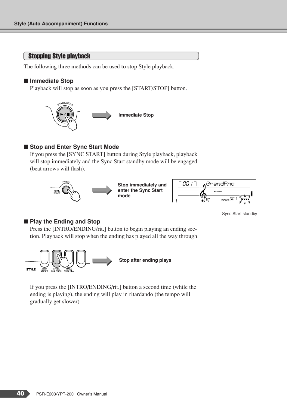 Stopping style playback | Yamaha YPT-200  EN User Manual | Page 40 / 68