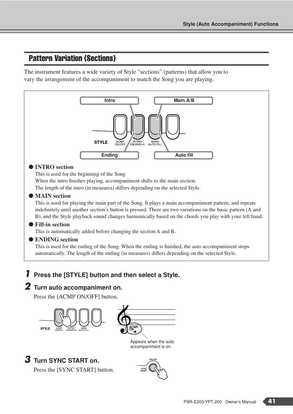 Pattern variation (sections) | Yamaha YPT-200  EN User Manual | Page 41 / 68