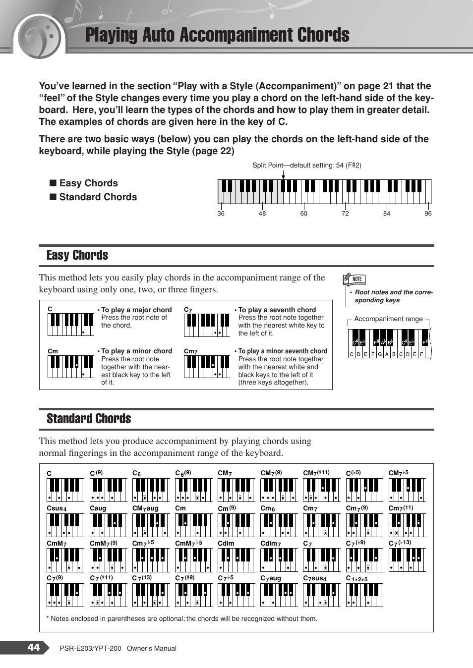 Playing auto accompaniment chords, Easy chords, Standard chords | Easy chords standard chords | Yamaha YPT-200  EN User Manual | Page 44 / 68