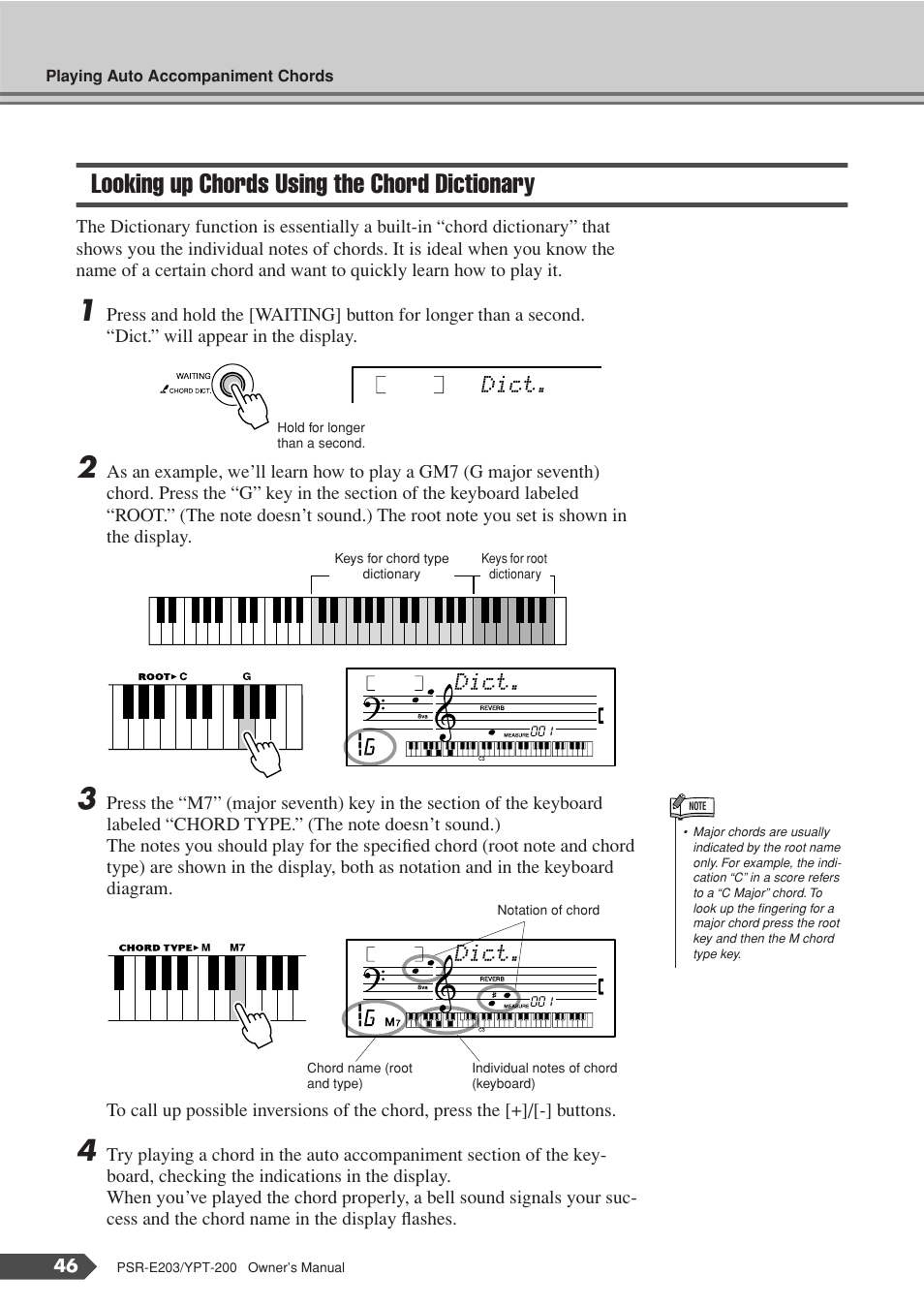 Looking up chords using the chord dictionary, Dict | Yamaha YPT-200  EN User Manual | Page 46 / 68