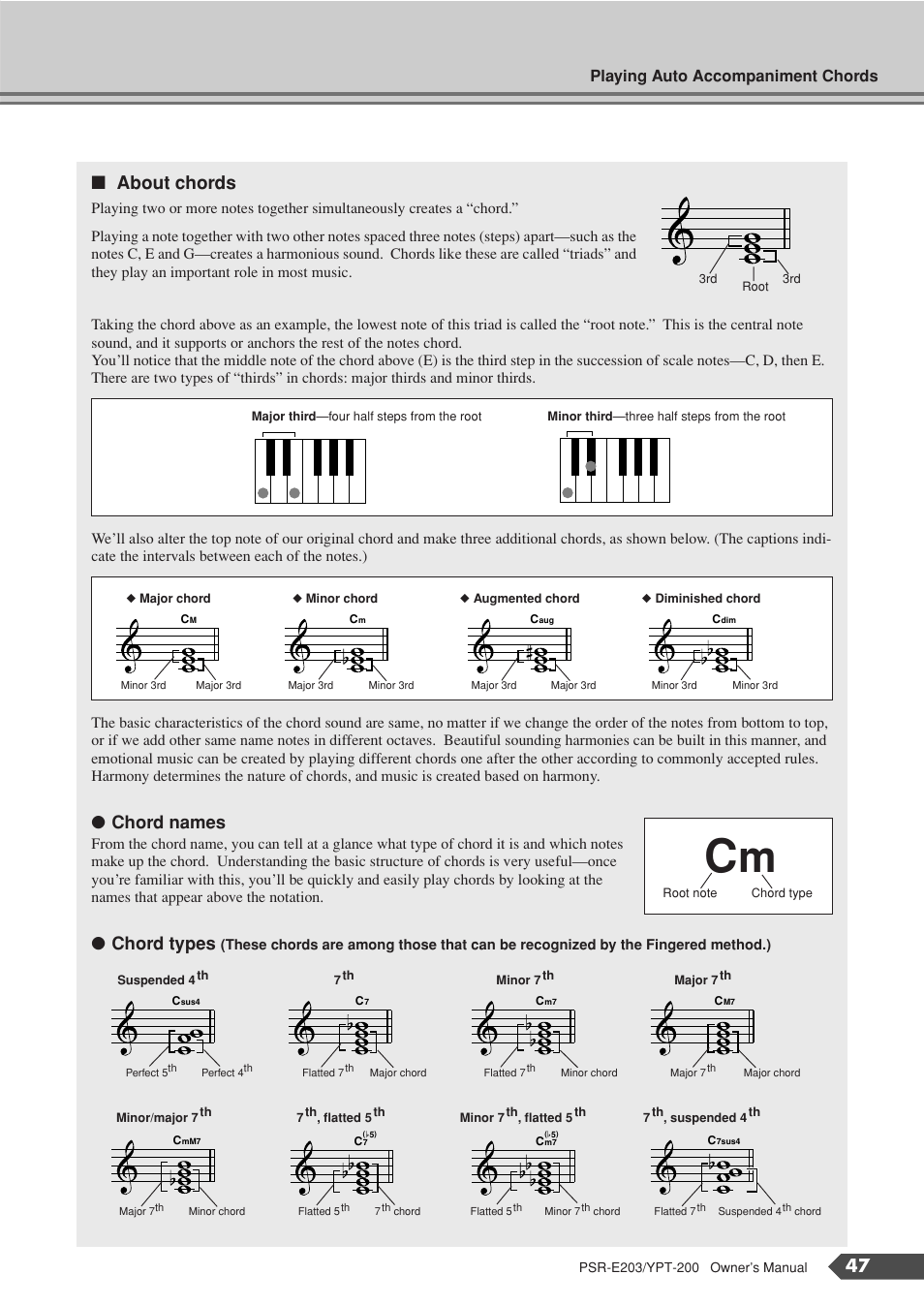 About chords, Chord names, Chord types | Playing auto accompaniment chords | Yamaha YPT-200  EN User Manual | Page 47 / 68