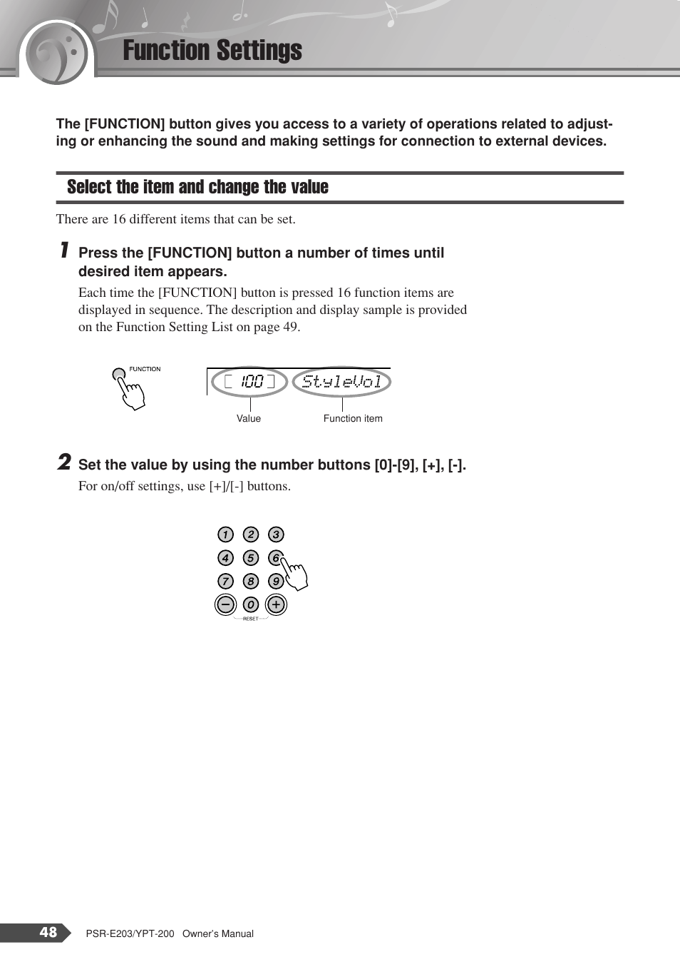 Function settings, Select the item and change the value | Yamaha YPT-200  EN User Manual | Page 48 / 68