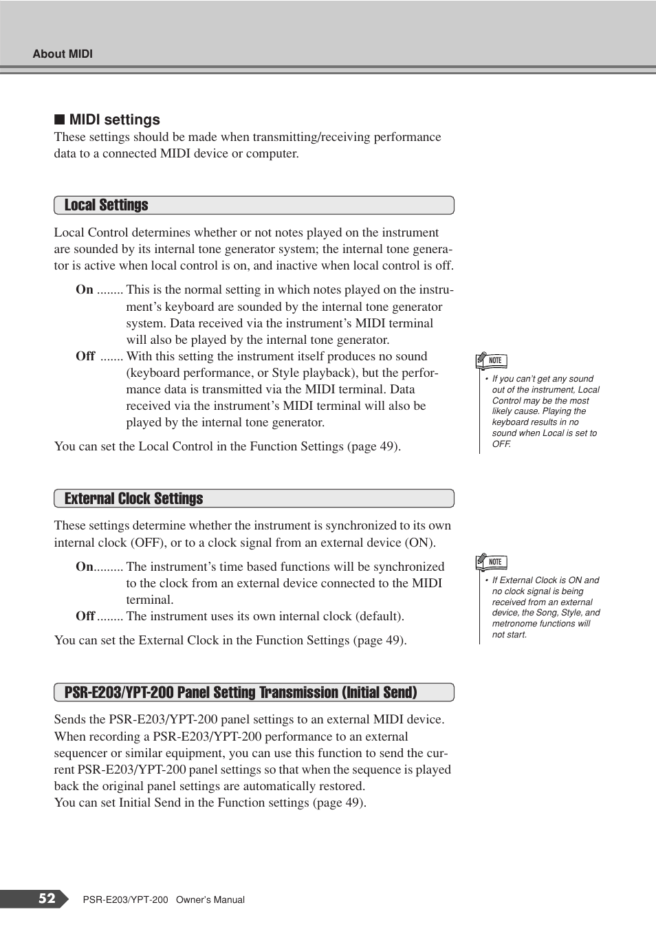 Local settings, External clock settings | Yamaha YPT-200  EN User Manual | Page 52 / 68