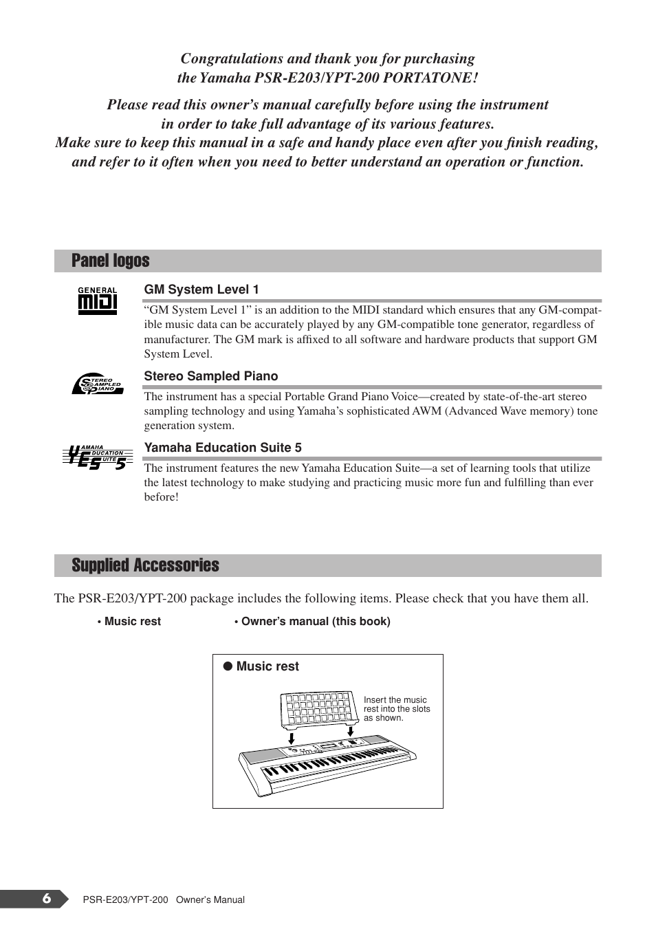 Panel logos, Supplied accessories, Panel logos supplied accessories | Yamaha YPT-200  EN User Manual | Page 6 / 68