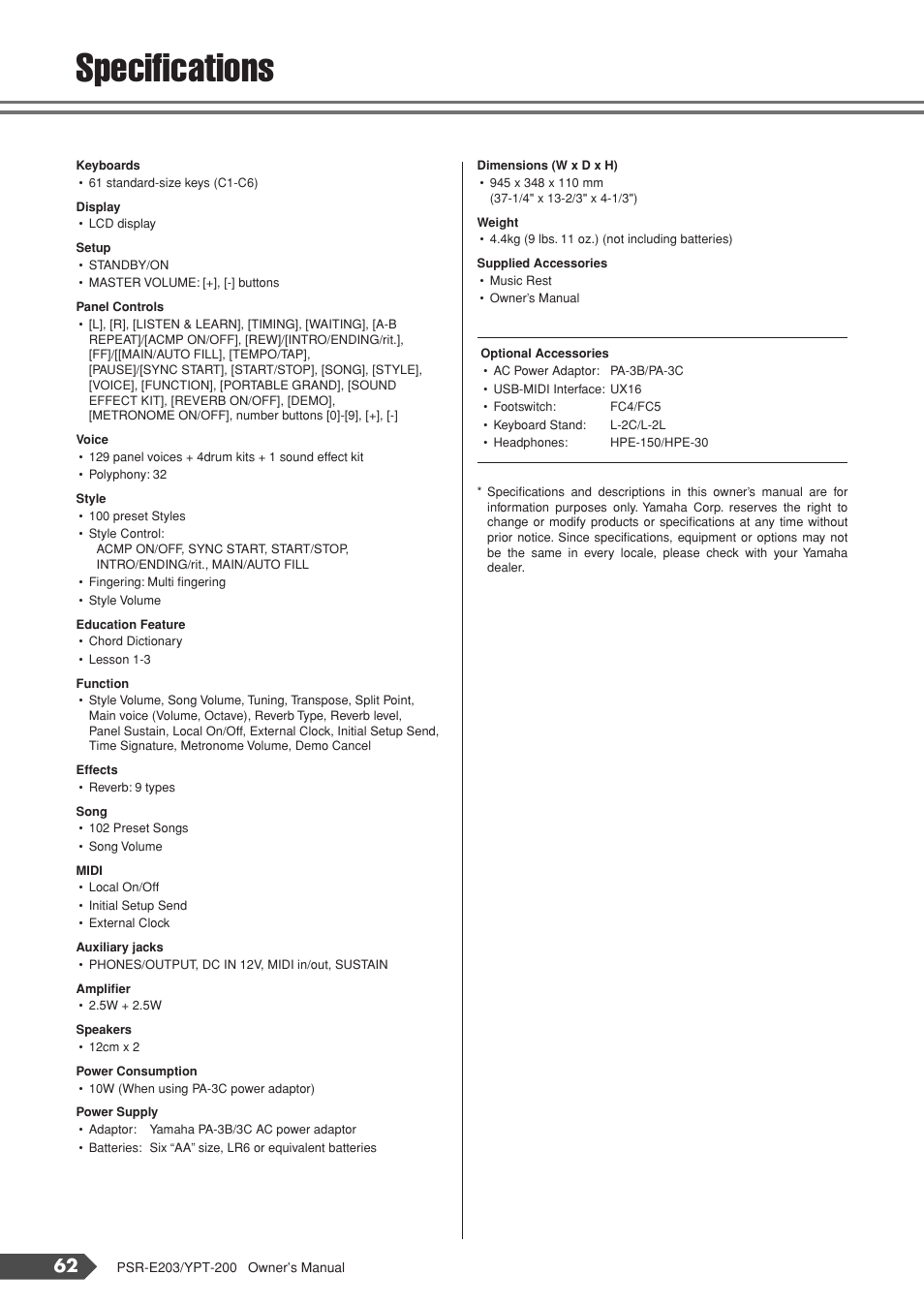 Specifications | Yamaha YPT-200  EN User Manual | Page 62 / 68