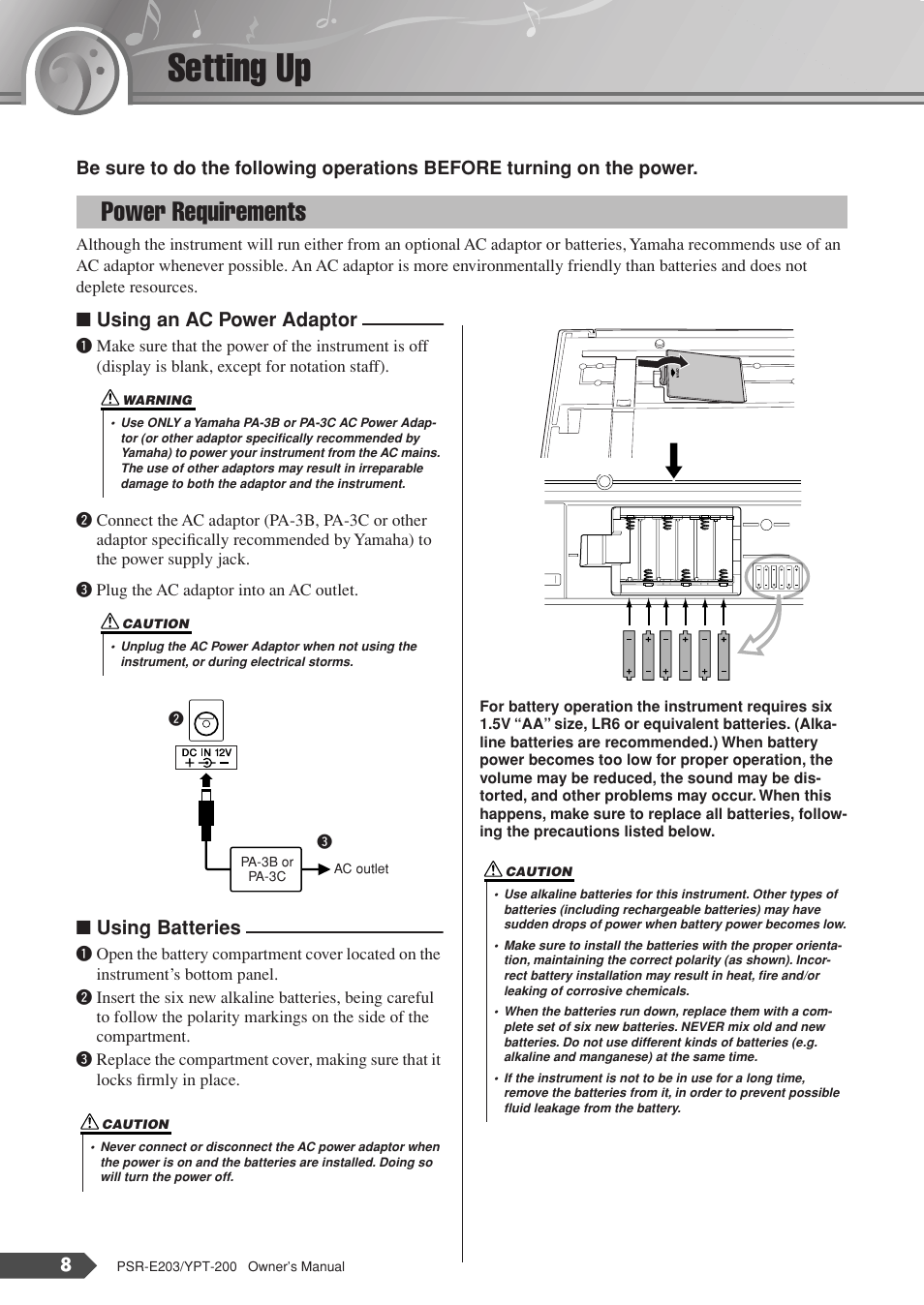 Setting up, Power requirements, Using an ac power adaptor | Using batteries | Yamaha YPT-200  EN User Manual | Page 8 / 68