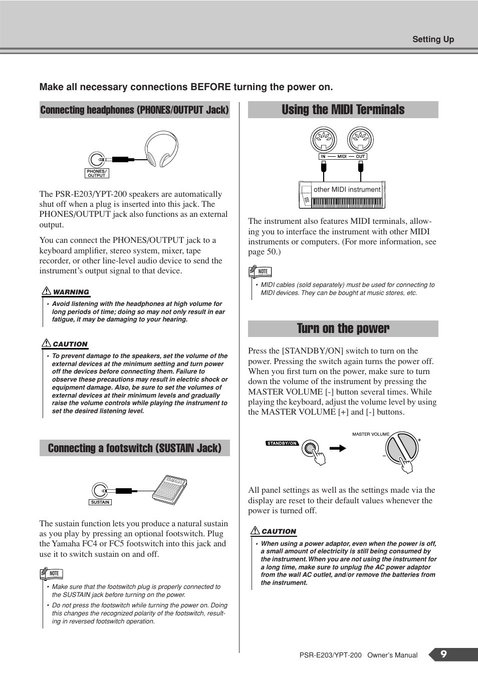 Connecting headphones (phones/output jack), Connecting a footswitch (sustain jack), Using the midi terminals | Turn on the power, Using the midi terminals turn on the power | Yamaha YPT-200  EN User Manual | Page 9 / 68