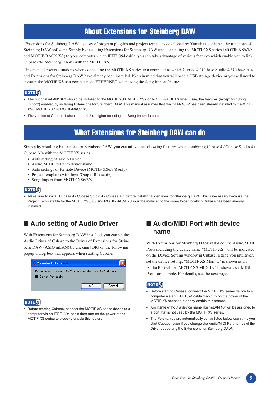 About extensions for steinberg daw, What extensions for steinberg daw can do, Auto setting of audio driver | Audio/midi port with device name | Yamaha MOTIF XS6/7/8 User Manual | Page 2 / 7