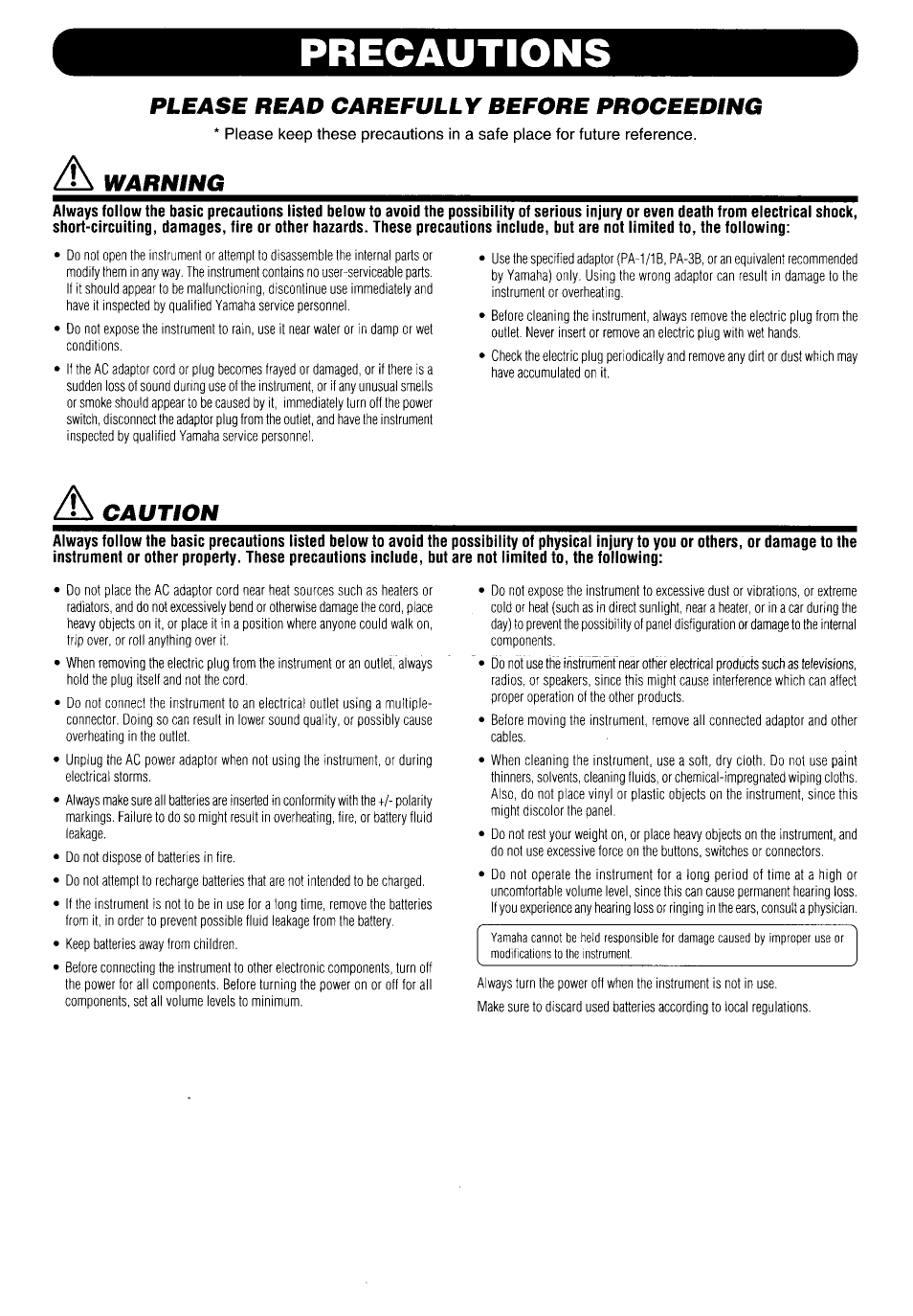 Precautions, Please read carefully before proceeding, Warning | Caution | Yamaha Foot Controller FC9 User Manual | Page 2 / 7