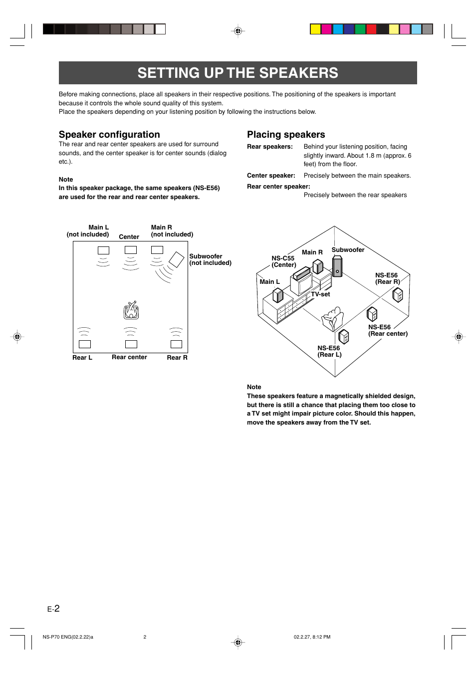 Setting up the speakers, Speaker configuration, Placing speakers | Yamaha NS-P70 User Manual | Page 4 / 9