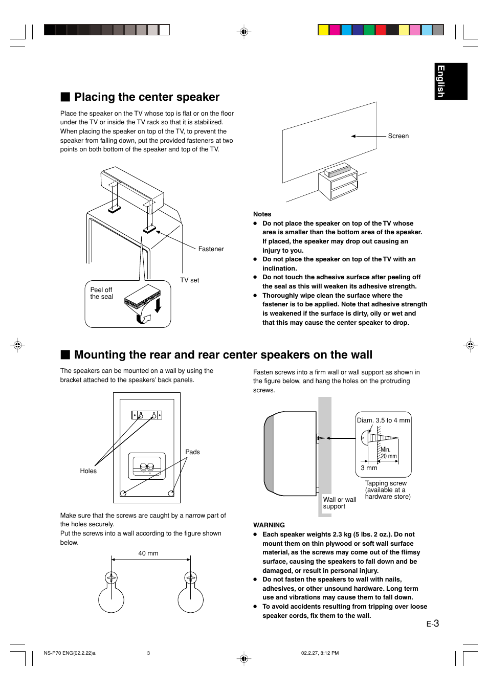 Placing the center speaker, English | Yamaha NS-P70 User Manual | Page 5 / 9