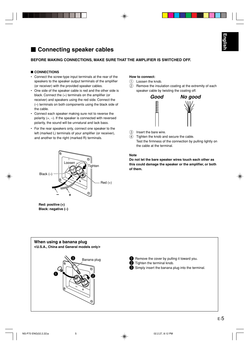 Connecting speaker cables, Good no good | Yamaha NS-P70 User Manual | Page 7 / 9