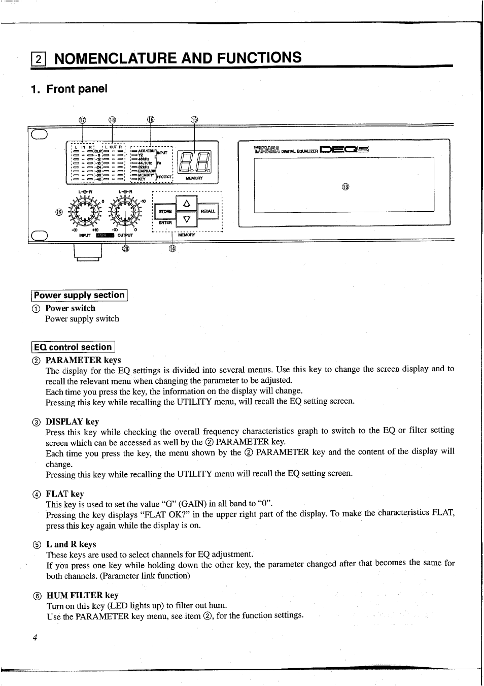 2] nomenclature and functions, Front panel, M nomenclature and functions | Nomenclature and functions | Yamaha DEQ5 User Manual | Page 10 / 191