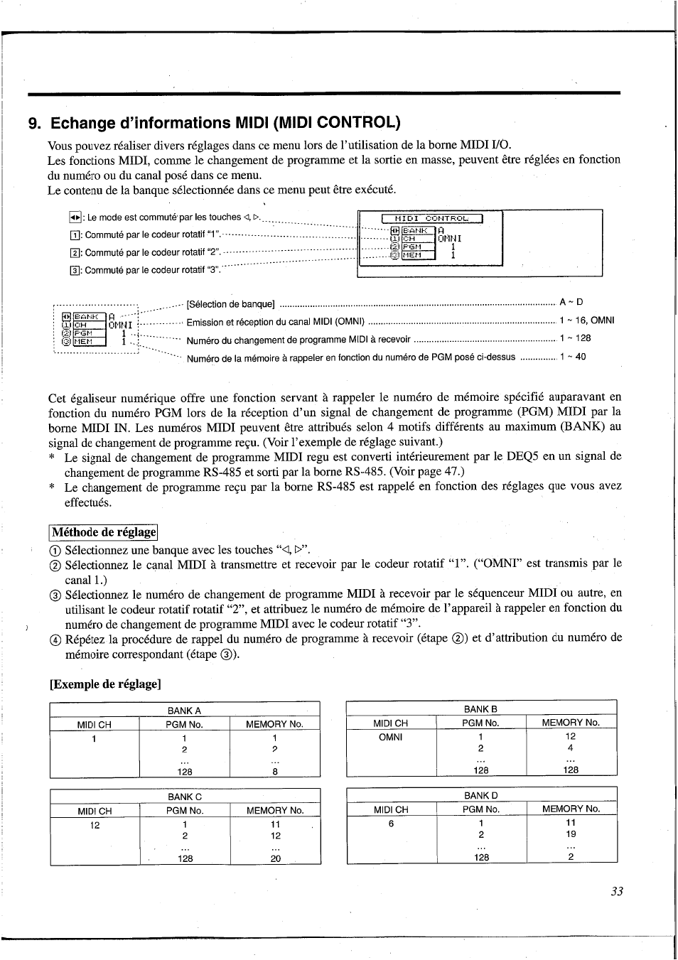 Echange d’informations midi (midi control), Méthode de réglage, Exemple de réglage | Yamaha DEQ5 User Manual | Page 100 / 191