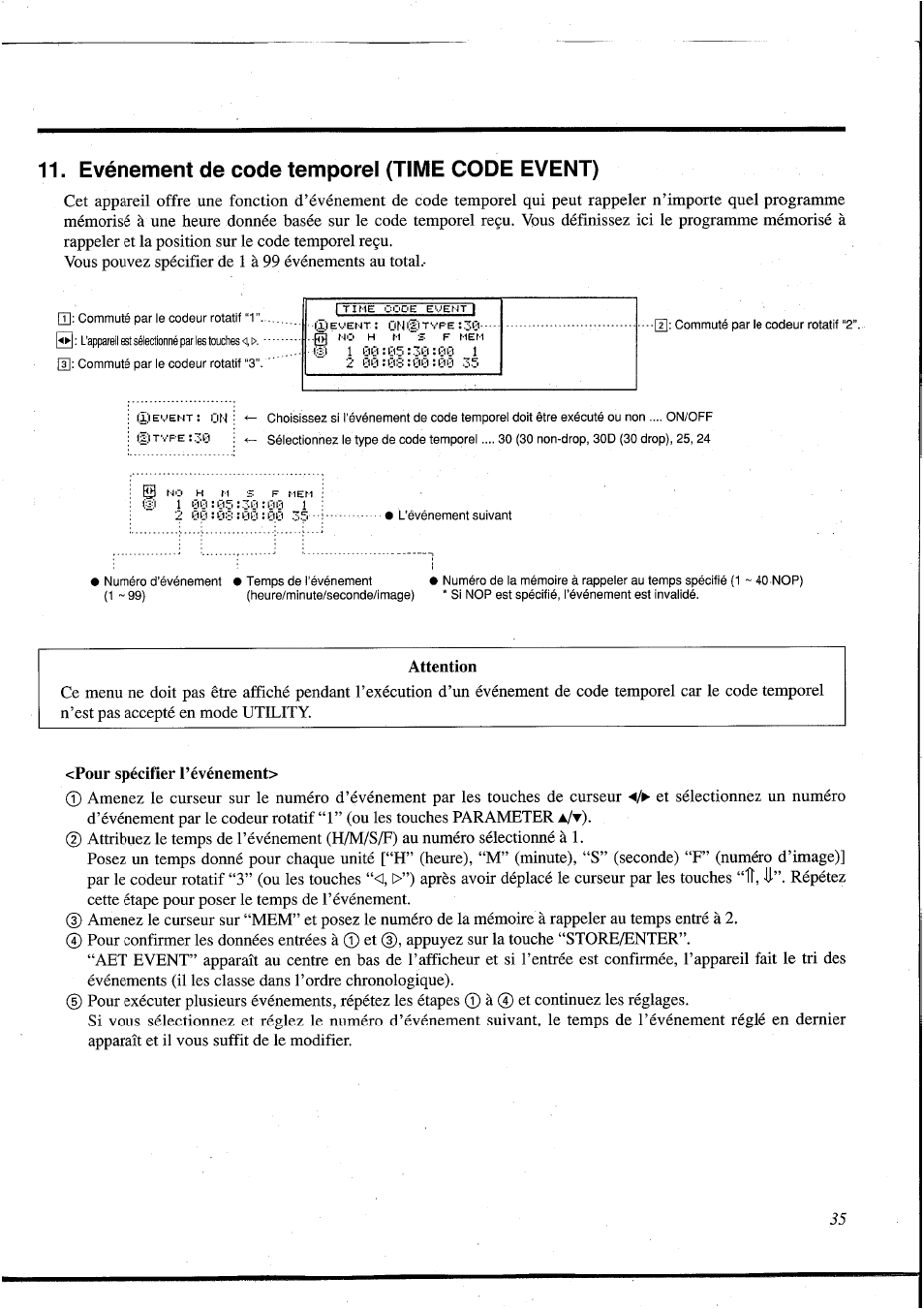 Evénement de code temporel (time code event), Attention, Pour spécifier l’événement | Yamaha DEQ5 User Manual | Page 102 / 191