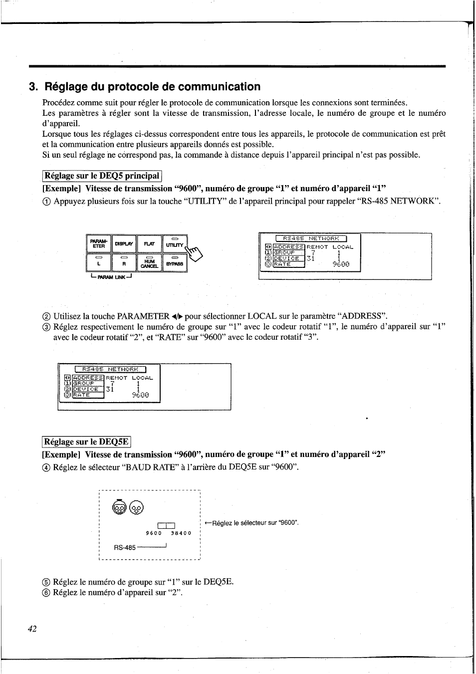 Réglage du protocole de communication, Réglage sur le deq5 principal, Réglage sur le deq5e | Yamaha DEQ5 User Manual | Page 109 / 191
