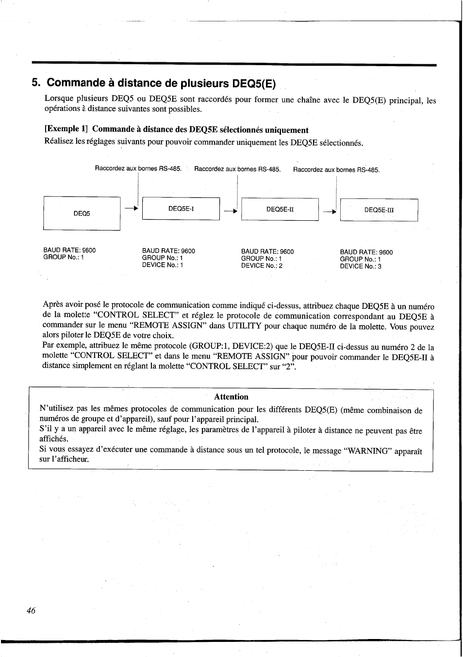 Commande à distance de plusieurs deq5(e), Attention | Yamaha DEQ5 User Manual | Page 113 / 191