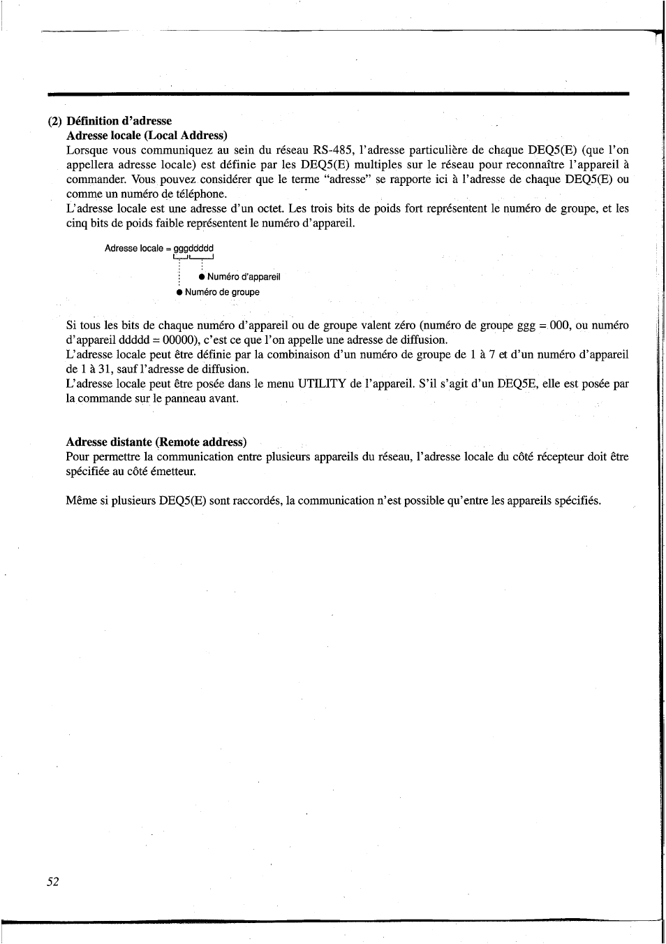 2) définition d’adresse, Adresse distante (remote address), 2) definition of address | Yamaha DEQ5 User Manual | Page 119 / 191