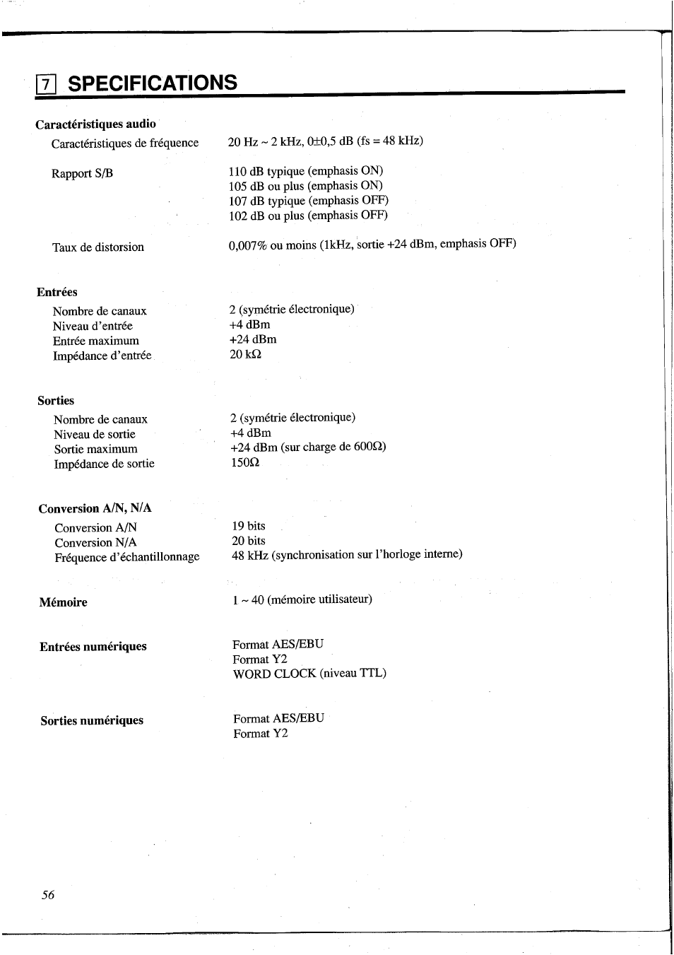 Entrées, Sorties, Conversion a/n, n/a | Mémoire, Entrées numériques, Sorties numériques, Specifications | Yamaha DEQ5 User Manual | Page 123 / 191