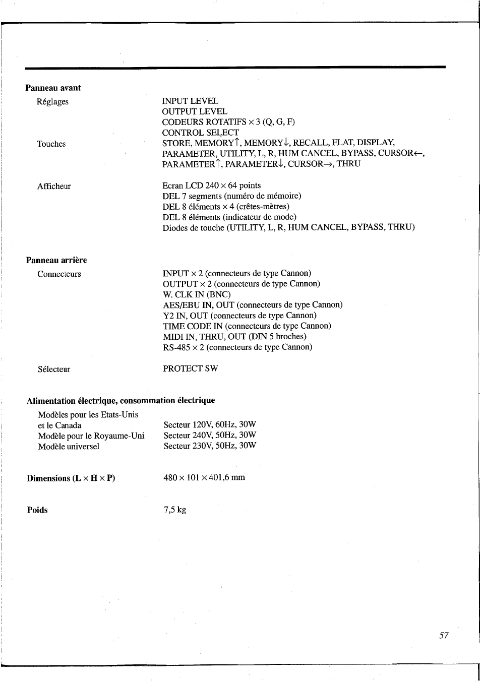 Panneau avant, Alimentation électrique, consommation électrique, Dimensions (l x h x p) | Yamaha DEQ5 User Manual | Page 124 / 191