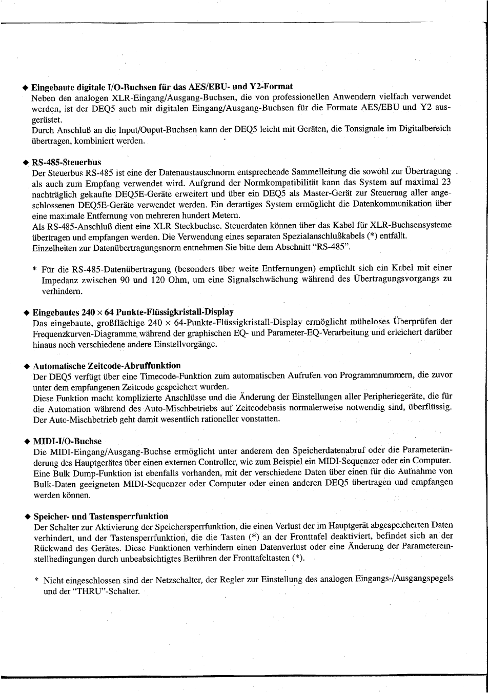 Rs-485-steuerbus, Automatische zeitcode-abruffunktion, Midi-i/o-buchse | Speicher- und tastensperrfunktion | Yamaha DEQ5 User Manual | Page 127 / 191