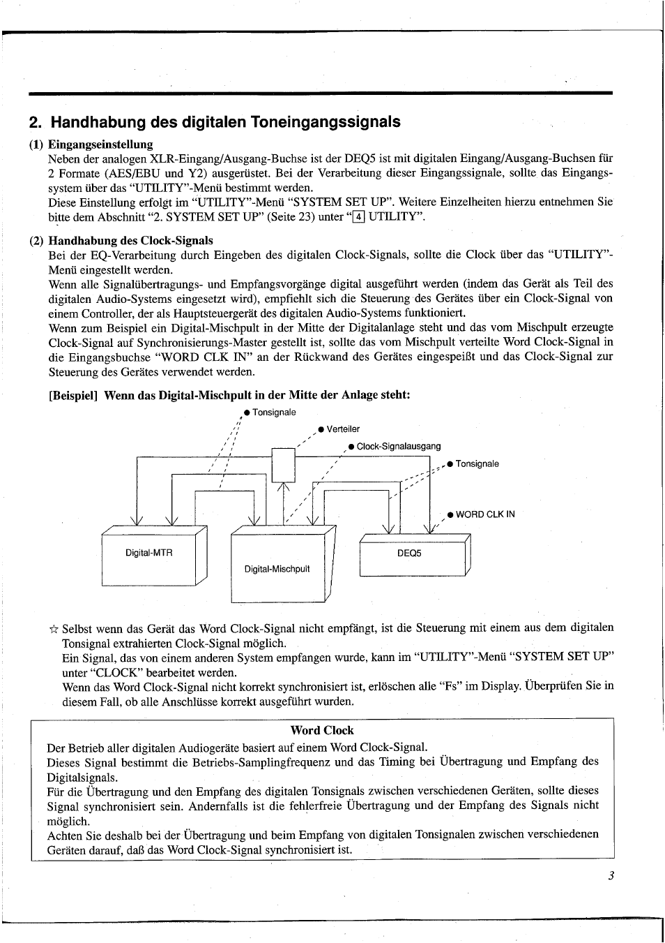 Handhabung des digitalen toneingangssignals, 2) handhabung des clock-signals, Word clock | Yamaha DEQ5 User Manual | Page 131 / 191