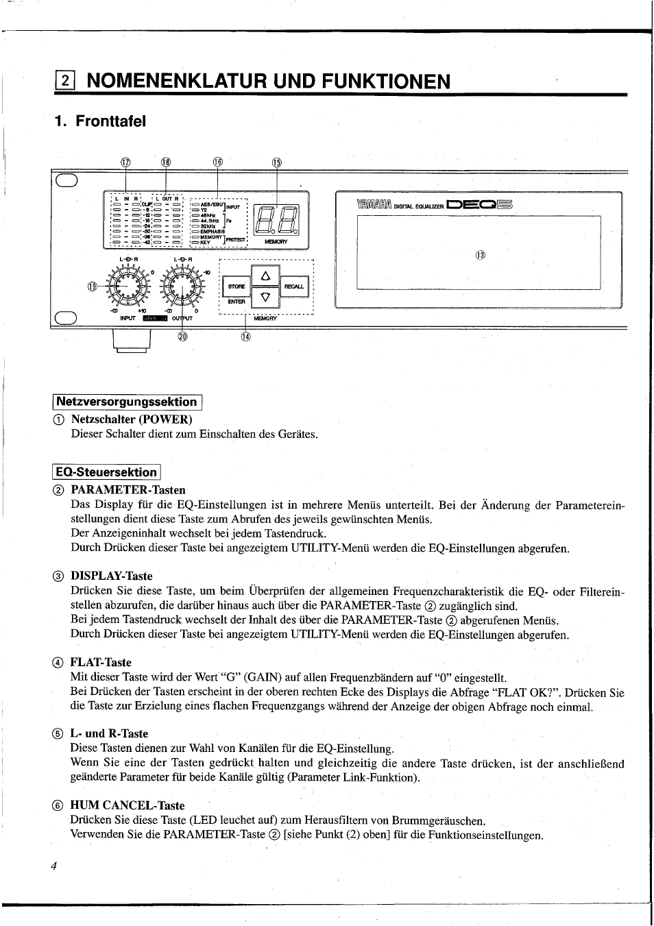 2] nomenenklatur und funktionen, Fronttafel, M nomenenklatur und funktionen | Nomenenklatur und funktionen | Yamaha DEQ5 User Manual | Page 132 / 191