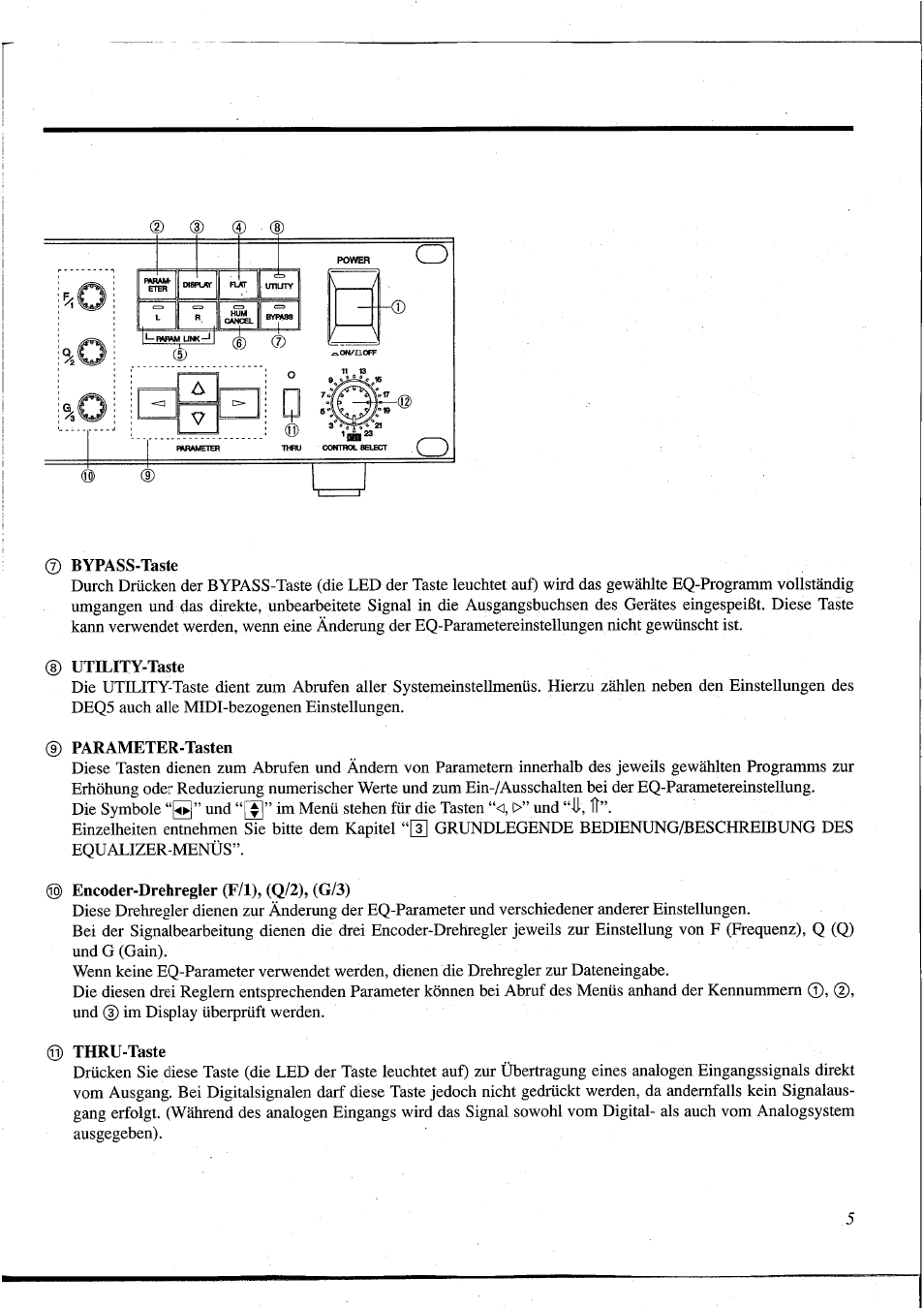 Bypass-taste, Utility-taste, 9) parameter-tasten | Encoder-drehregler (f/1), (q/2), (g/3), Thru-taste | Yamaha DEQ5 User Manual | Page 133 / 191