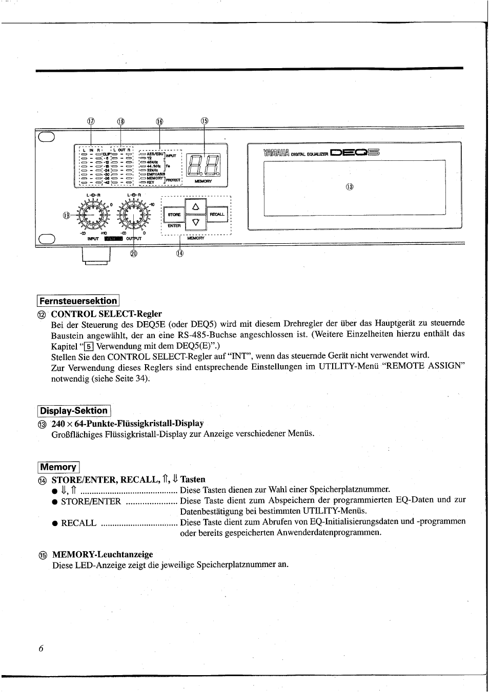 240 x 64-punkte-flüssigkristall-display, Store/enter, recall, ^ tasten, Memory-leuchtanzeige | Yamaha DEQ5 User Manual | Page 134 / 191