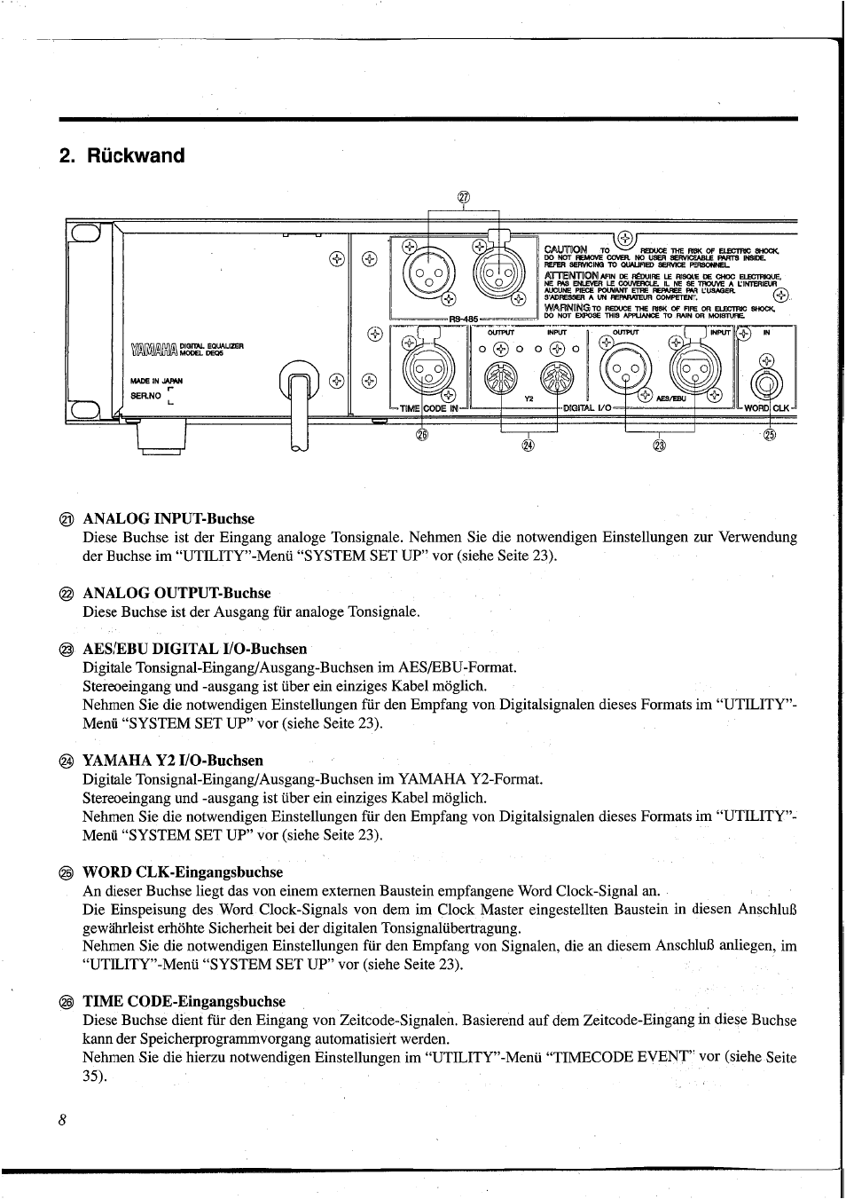 Rückwand, Clüi, Analog input-buchse | Analog output-buchse, Aes/ebu digital i/o-buchsen, Yamaha y2 i/o-buchsen, Word clk-eingangsbuchse, Time code-eingangsbuchse, Cautbon, Attentoon | Yamaha DEQ5 User Manual | Page 136 / 191
