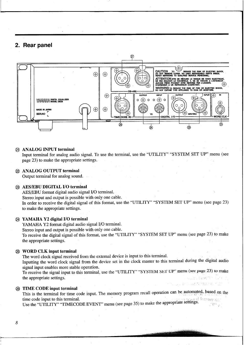 Rear panel, Analog input terminal, Analog output terminal | Aes/ebu digital i/o terminal, Yamaha y2 digital i/o terminal, Word clk input terminal, Time code input terminal | Yamaha DEQ5 User Manual | Page 14 / 191