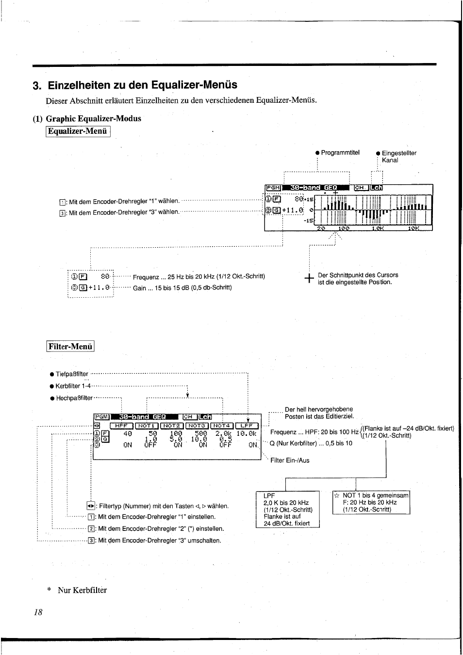 Einzelheiten zu den equalizer-menüs, Äueehsiblp, Filter-menü | Jisl, 1) graphic equalizer-modus equalizer-menü | Yamaha DEQ5 User Manual | Page 146 / 191