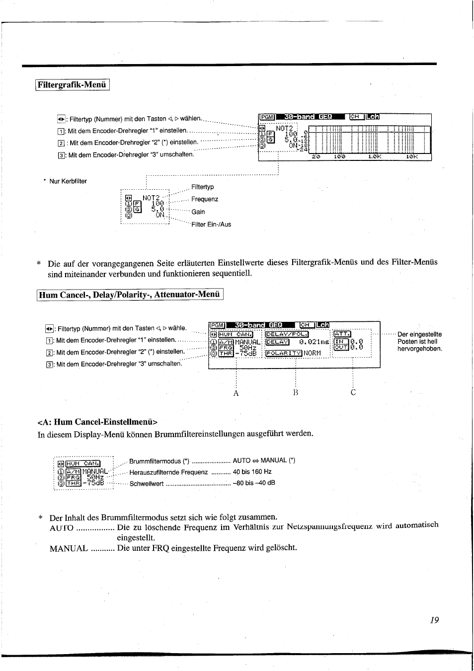 Filtergrafik-menü, Hum cancel-, delay/polarity-, attenuator-menü, A: hum cancel-einstellmenü | El loö .t, Ii3_n0t2 i | Yamaha DEQ5 User Manual | Page 147 / 191