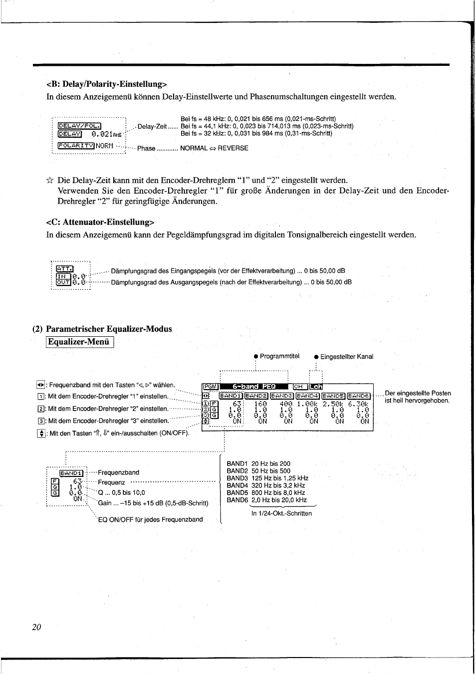 B: delay/polarity-einstellung, C: attenuator-einstellung, 2) parametrischer equalizer-modus | 2) parametric equalizer mode, 2) parametrischer equalizer-modus equalizer-menü, Y, y- y. 0 | Yamaha DEQ5 User Manual | Page 148 / 191