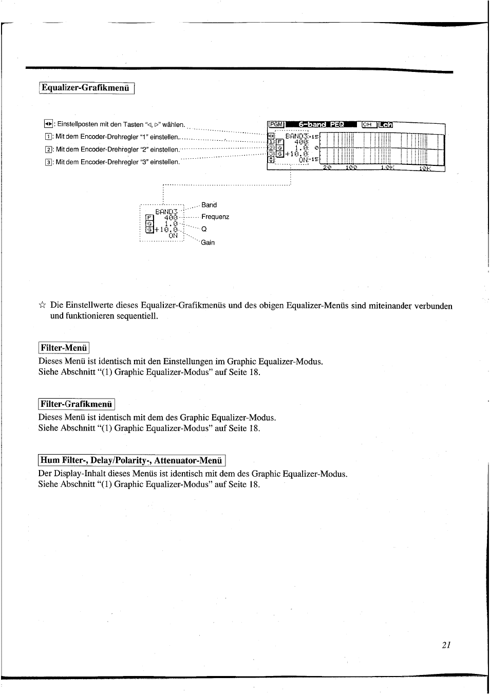 Equalizer-grafikmenü, Filter-menü, Filter-grafikmenü | Hum filter-, delay/polarity-, attenuator-menü | Yamaha DEQ5 User Manual | Page 149 / 191