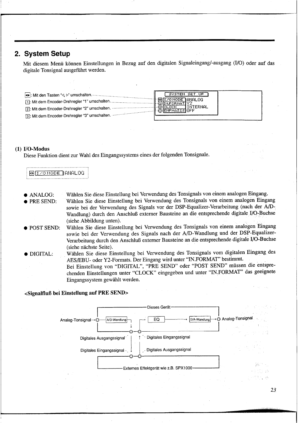 System setup, 1) i/o-modus, Signalfluß bei einstellung auf pre send | 1) fo-modus, 1 ihnplüg | Yamaha DEQ5 User Manual | Page 151 / 191