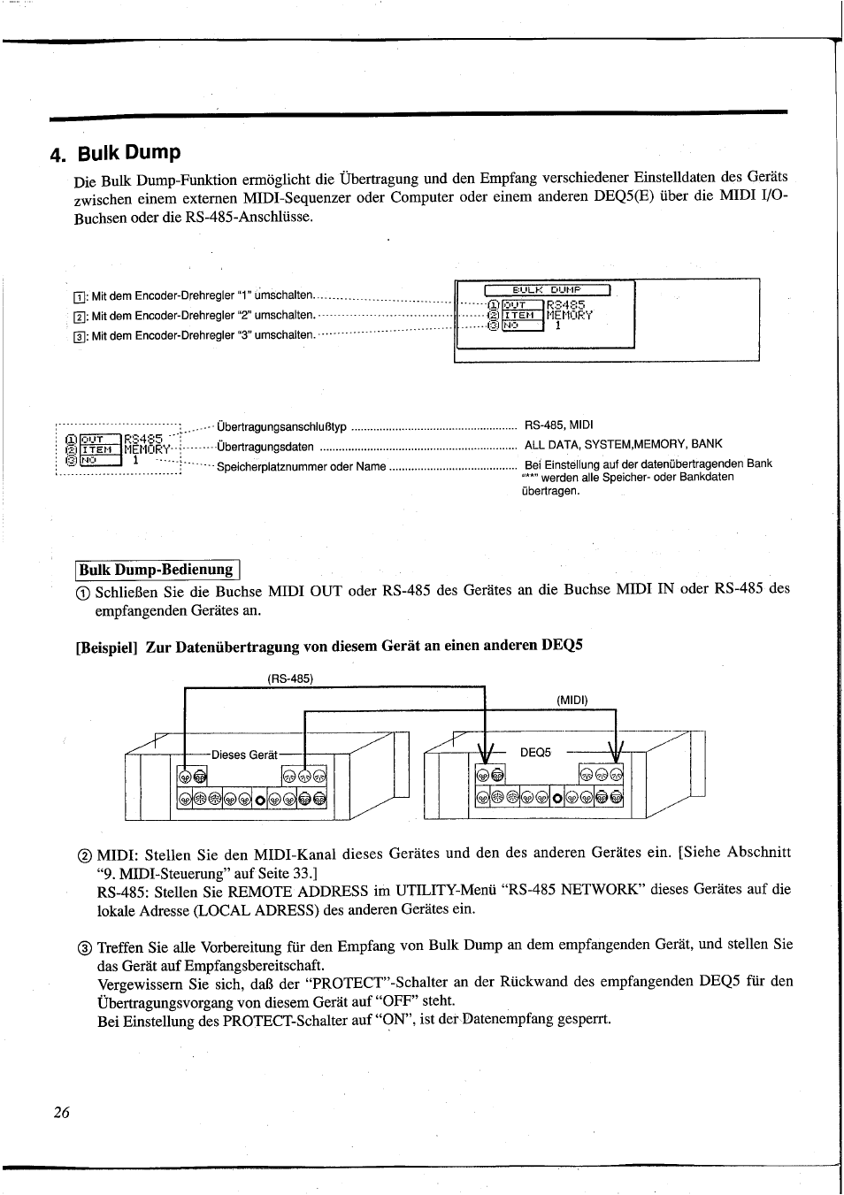 Bulk dump, Bulk dump-bedienung | Yamaha DEQ5 User Manual | Page 154 / 191