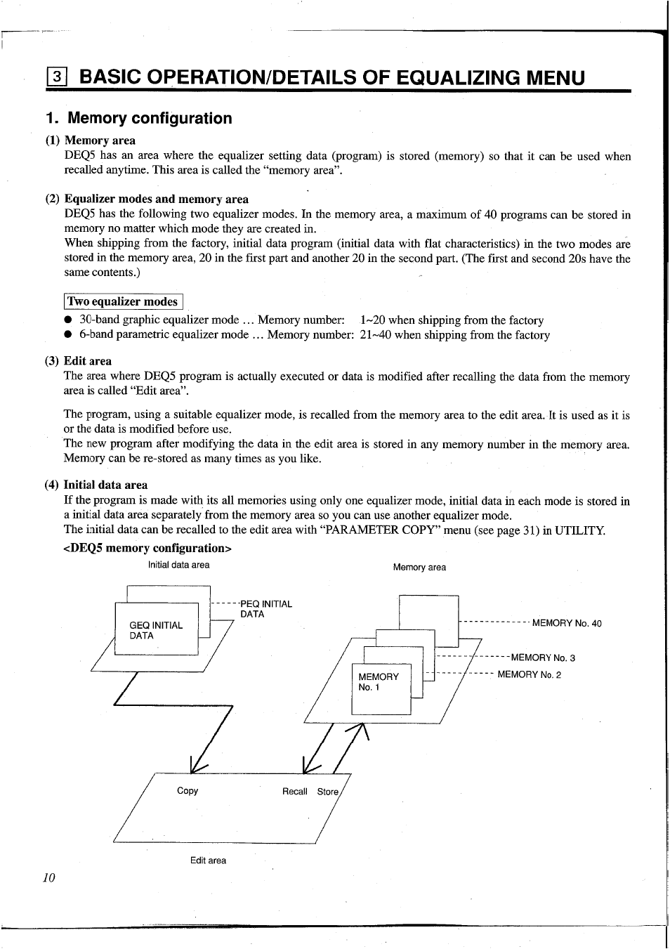 Basic operation/details of equalizing menu, Memory configuration, 2) equalizer modes and memory area | 3) edit area, 4) initial data area | Yamaha DEQ5 User Manual | Page 16 / 191