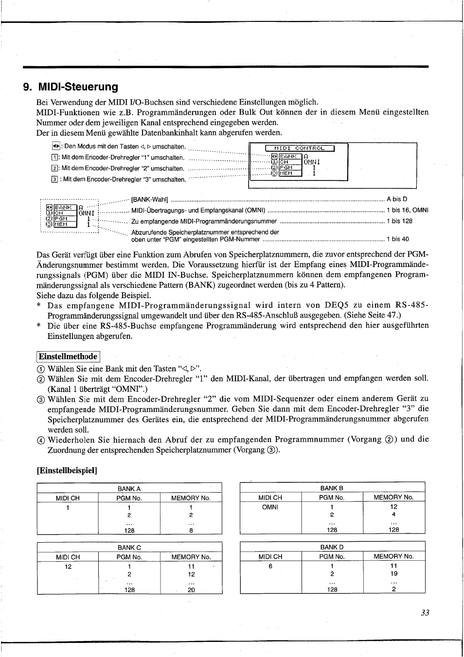 Midi-steuerung, Einstellmethode, Einstellbeispiel | Yamaha DEQ5 User Manual | Page 161 / 191