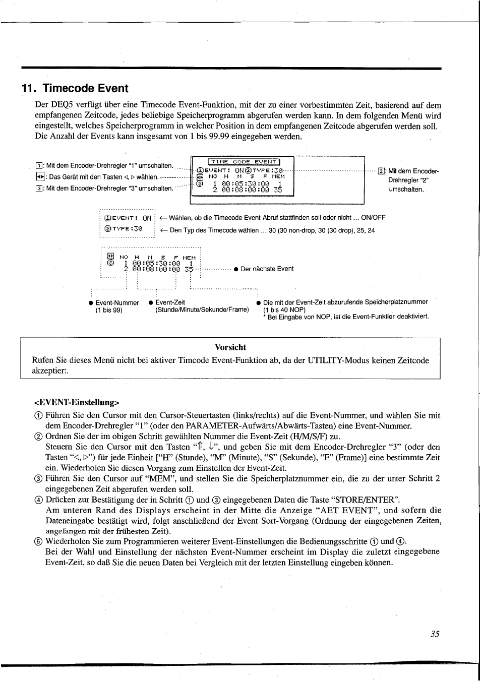 Timecode event, Vorsicht, Event-einstellung | Time code event), 11, ji | Yamaha DEQ5 User Manual | Page 163 / 191