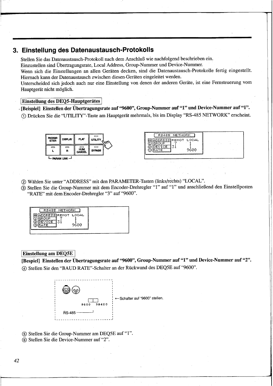 Einstellung des datenaustausch-protokolls, Einstellung des deq5-hauptgerätes, Einstellung am deq5e | Rwam | Yamaha DEQ5 User Manual | Page 170 / 191