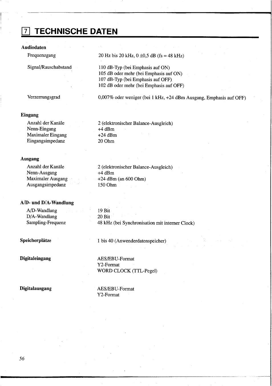 T\ technische daten, Audiodaten, Eingang | Ausgang, A/d- und d/a-wandlung, Speicherplätze, Digitaleingang, Digitalausgang, Technische daten | Yamaha DEQ5 User Manual | Page 184 / 191