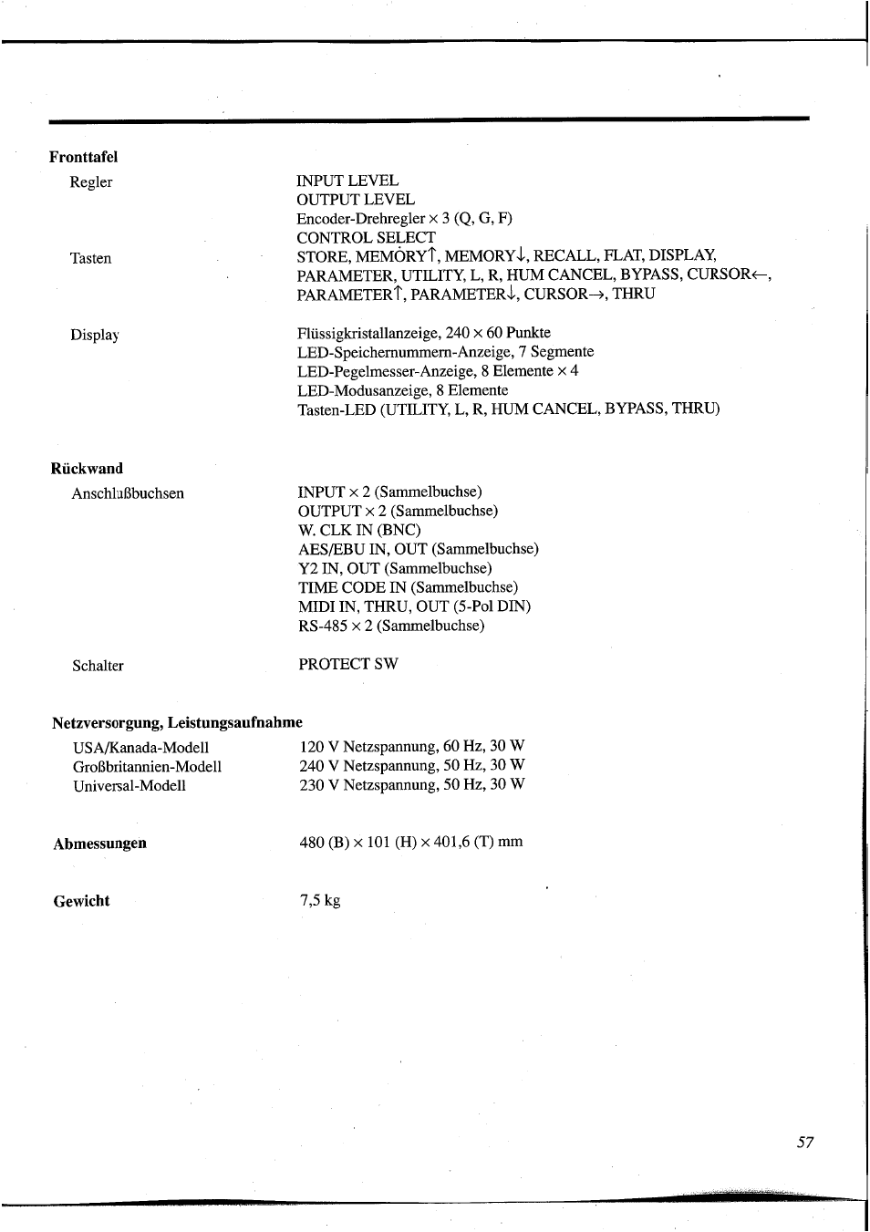 Fronttafel, Rückwand, Netzversorgung, leistungsaufnahme | Abmessungen, Gewicht | Yamaha DEQ5 User Manual | Page 185 / 191