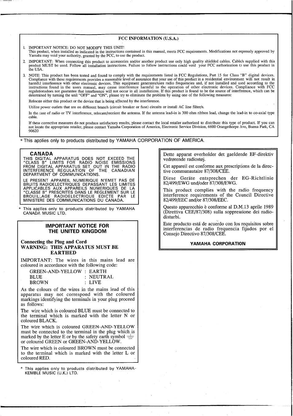 Canada, Important notice for the united kingdom | Yamaha DEQ5 User Manual | Page 2 / 191