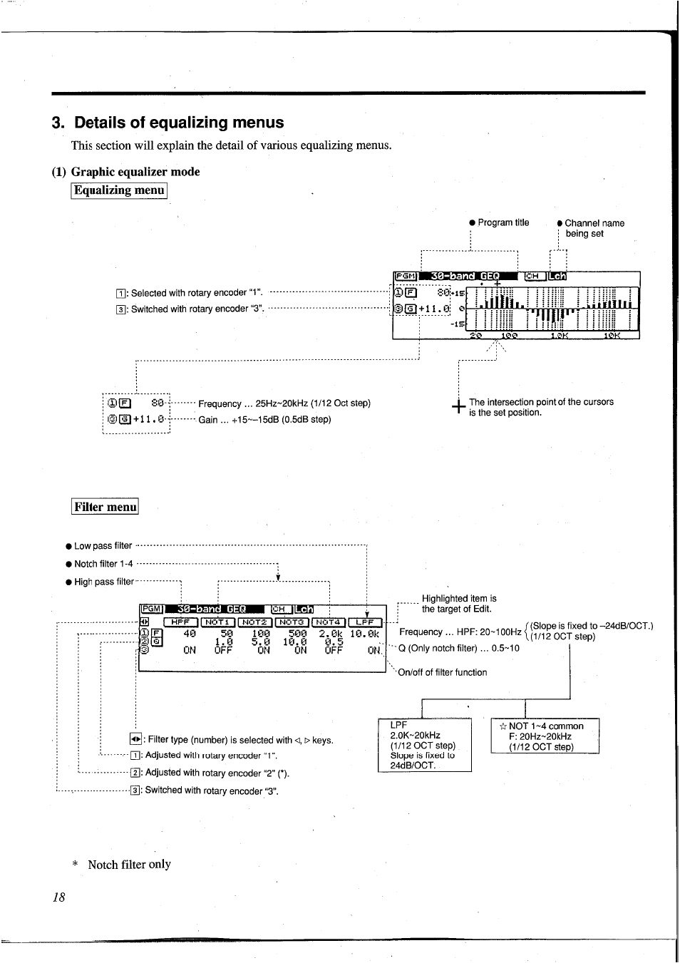 Details of equalizing menus, 1) graphic equalizer mode, Filter menu | Graphic equalizer mode), Ill ii 11. liii illi, E] s0, E] so, 1) graphic equalizer mode equalizing menu | Yamaha DEQ5 User Manual | Page 24 / 191
