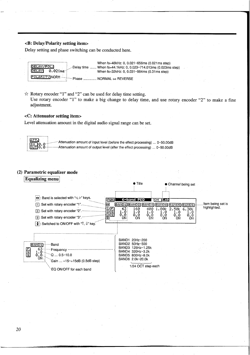 B: delay/polarity setting item, C: attenuator setting item, 2) parametric equalizer mode | Parametric equalizer mode), Inorm, 2) parametric equalizer mode equalizing menu | Yamaha DEQ5 User Manual | Page 26 / 191